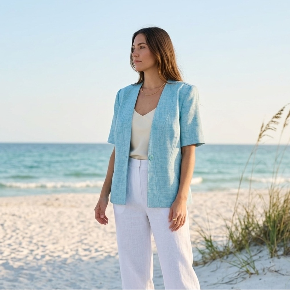 Vintage Florentine Petite Coastal Blue Textured Short Sleeve Blazer Jacket